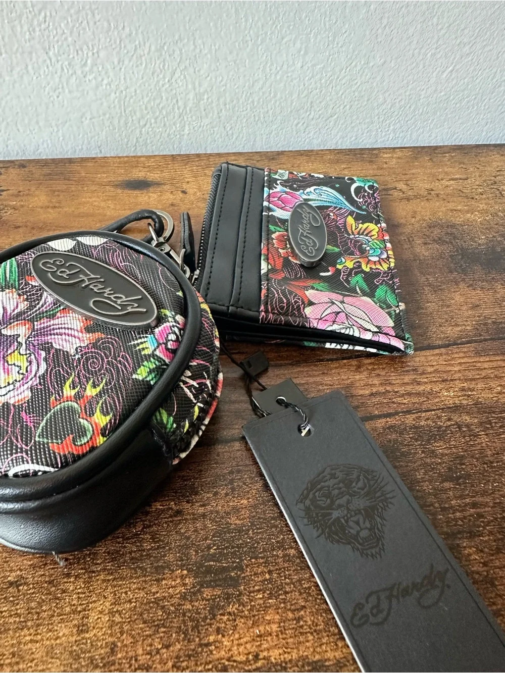 Ed Hardy 3 Piece Black Floral Tattoo Print Cardholder & Round Coin Pouch Set NWT